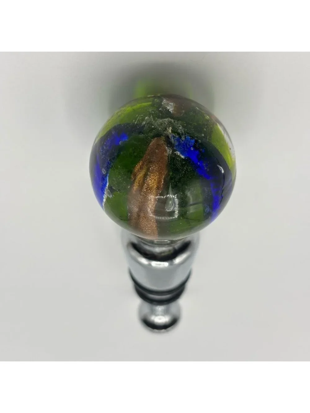 Art Glass Wine Bottle Stopper Topper Green Ball Gold Blue Striped Glossy Bubbles